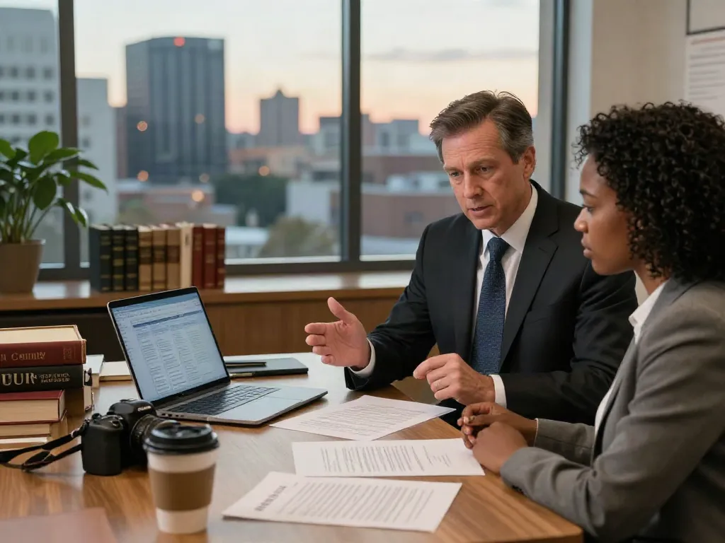 Consultation scene illustrating Forsyth County DUI records, attorney discussing legal documents with client in a warm office.